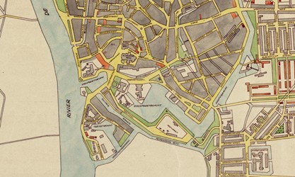 <p>Detail van de kaart van Zutphen uit 1950, gemaakt door het gemeentelijk bureau wederopbouw (Regionaal Archief Zutphen). </p>
